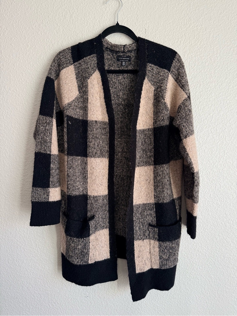 Lucky brand size medium  Open Front Plaid Cardigan Sweater - Black & Beige wool